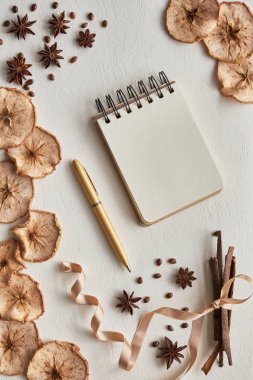 defter kalem, beyaz bir arka plan üzerinde kurutulmuş elma ile. Hygge tarzı