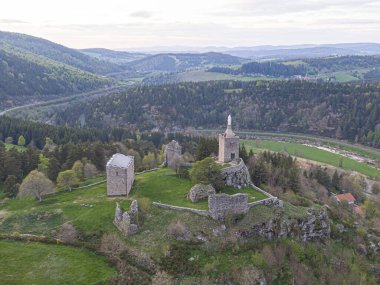 Luc Castel 'in harabelerinin havadan görünüşü, Fransa' nın Lozere vadisine bakan bir uçurum üzerinde, GR 70 ve Regordane yolunun bir parçası.