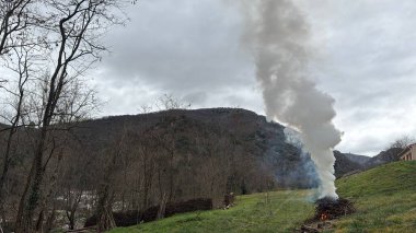 Bulutlu gökyüzü ile doğada şenlik ateşinden yükselen beyaz duman
