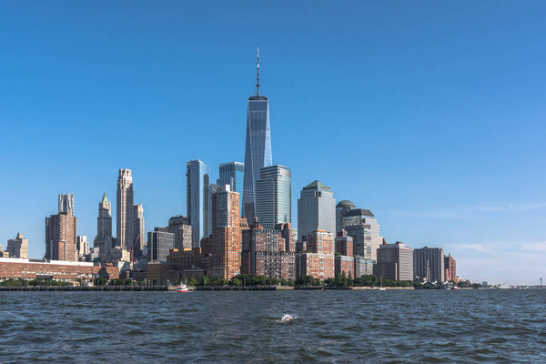 Manhattan,New York City,USA - June 30, 2018 : Skyscrapers in Lower Manhattan view from the Hudson River
