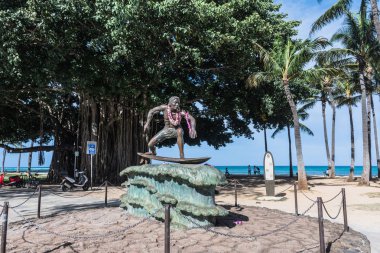 Waikiki,Oahu,Hawaii,USA - May 21, 2018 : View of the Duke Kahanamoku statue in Waikiki Beach clipart