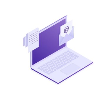 Laptop ile zarf ve belge üstünde perde. E-posta, e-posta pazarlama, internet reklam kavramları. Vektör çizim, izometrik tasarım