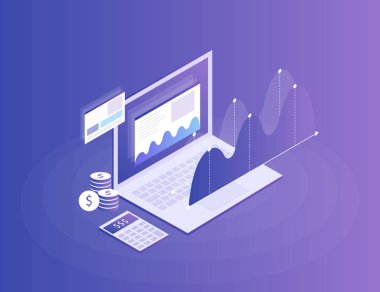 İş stratejisi kavramı. Analiz verileri ve yatırımlar. İş başarılı. Dizüstü bilgisayar ve bilgi elemanları ile finansal inceleme. 3D izometrik düz tasarım. Vektör illüstrasyonu