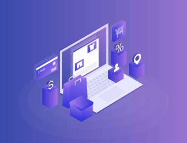 Kavramı online alışveriş, online mağaza. Kartından havale. İzometrik görüntü dizüstü, banka kartı ve mavi arka plan üzerinde alışveriş çantası. 3 boyutlu düz tasarım. Modern vektör çizim