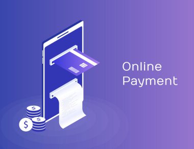 Cep telefonu, ödemeler elektronik çanta online, mobil, smartphone ile kontrol bant ve ödeme kartı aracılığıyla ödeme. Modern 3d izometrik vektör çizim