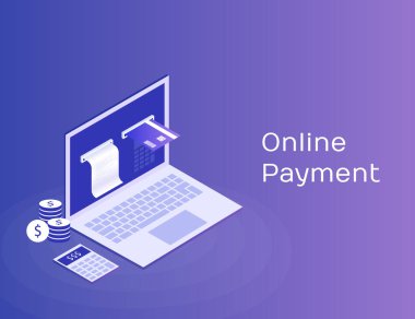 Elektronik fatura ve online banka, onay teyp ve ödeme kartı ile dizüstü bilgisayar kavramı. Modern 3d izometrik vektör çizim