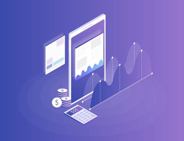 Kavram iş stratejisi. Çözümleme verisi ve yatırım. İş başarı. Telefon ve Infographic elemanları ile mali bir daha gözden geçirme. 3D izometrik düz tasarım. Vektör çizim