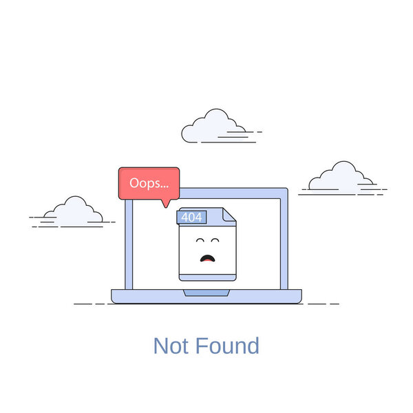 Плоская иконка 404 Error Page или File not found icon. Файл 404 на экране ноутбука. Изолированная векторная иллюстрация на белом фоне
