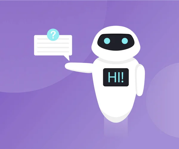 Chat bot aislado en el fondo ultravioleta. Bot tiene burbujas de habla. Robot saluda en pantalla. Servicio de atención al cliente chat bot. Ilustración vectorial plana — Archivo Imágenes Vectoriales