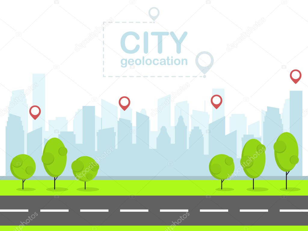 Smart city with pin navigation. Urban landscape. Flat design vector