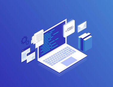 Web geliştirme kavramı, programlama ve kodlama. Mavi arka plan üzerinde sanal ekranlı dizüstü bilgisayar. Modern izometrik vektör çizim