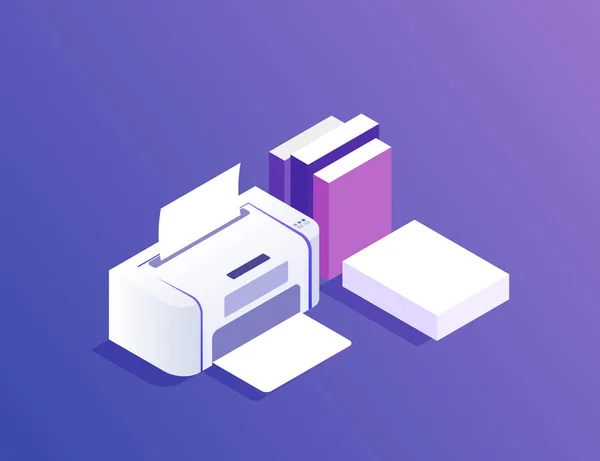 Platte ontwerp. Printer met papier en boeken. Moderne vectorillustratie — Stockvector
