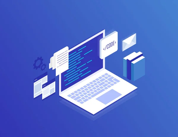 Web Development concept, programming and coding. Laptop with virtual screens on blue background. Modern isometric vector illustration — Stock Vector