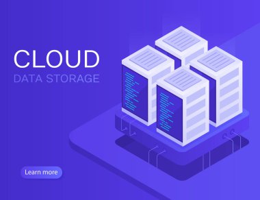 Bulut veri depolama ve sunucu odası konseptiyle barındırma. Sunucu raf. İzometrik tarzı modern vektör çizim