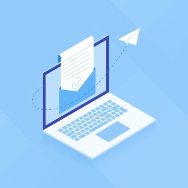 E-posta pazarlama. Açık bir e-posta ile bir dizüstü bilgisayar ekran ve bir kağıt uçak fon karşı iç içe geçmiş bir belge kavramı. Modern düz vektör çizim