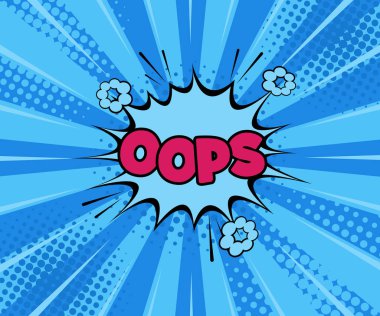 Oops! Komik vektör çizgi film illüstrasyon patlamalar. Çizgi roman Boom! İşareti afiş. Çizgi roman konuşma balonu patlama. Bulutlar patlamalar için. Retro vektör çizim