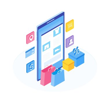 Online alışveriş kavramı. İşlevleri online mağaza kur. İzometrik görüntü smartphone, banka kartı ve beyaz arka plan üzerinde alışveriş çantası. Modern düz tasarım vektör çizim