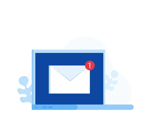 Portátil con sobre, símbolo de recepción de correo electrónico, servicio, notificación, correo electrónico, nuevo mensaje. Ilustración vectorial moderna en plano — Vector de stock