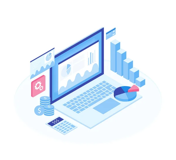 Concept de stratégie commerciale. Données d'analyse et investissement. Des éléments isométriques. Réussite commerciale.Examen financier avec ordinateur portable et éléments d'infographie. Design plat isométrique 3d. Illustration vectorielle — Image vectorielle