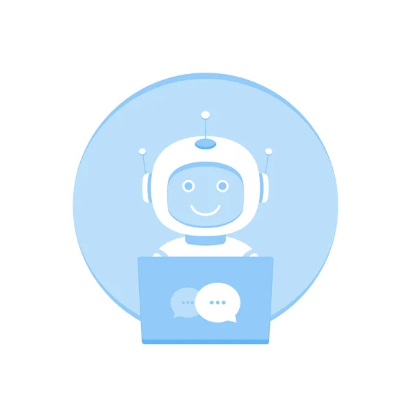 Netter lächelnder Chatbot, der hinter Laptop arbeitet. moderne flache Vektordarstellung — Stockvektor