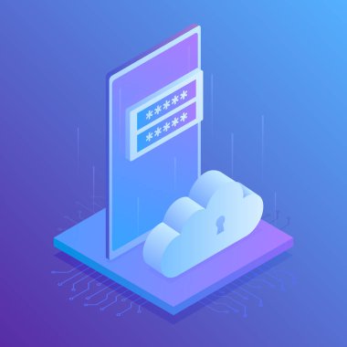 Şirket genel veri nedeniyle, erişim dosyaları, modern sunucu odası, smartphone, bulut simgesi, kayıt formu için. Modern izometrik vektör çizim