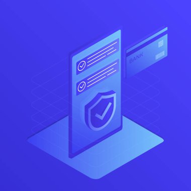 İzometrik telefon ve güvenlik kalkanı ile mavi arka plan banka kartı. Mobil ödeme, kişisel verilerin korunması kavramı. Modern düz tasarım vektör çizim