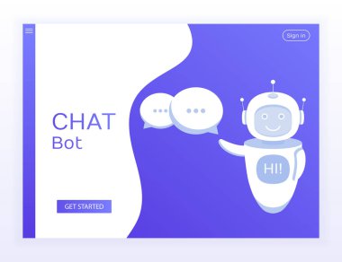 Konsept Web sitesi. Bot tutar konuşma balonları sohbet ve Merhaba kendisi içinde ekranda göster. Müşteri hizmet robot. Düz tarzı modern vektör çizim