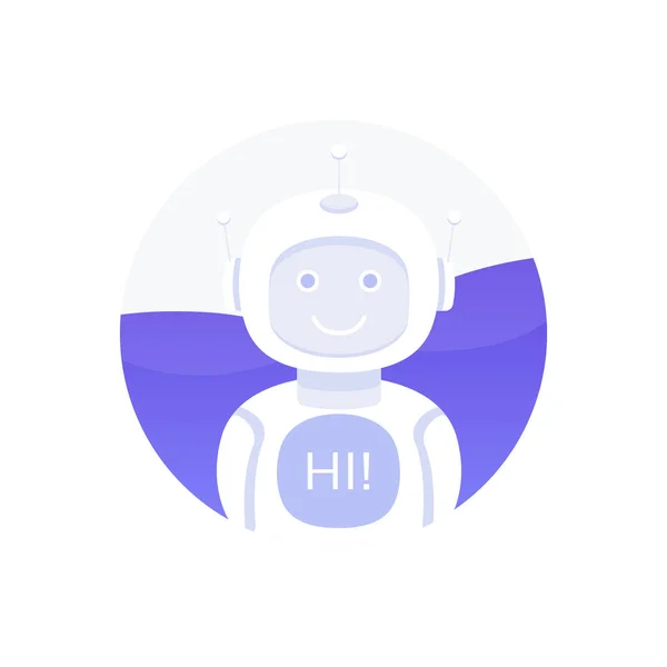 Cute usmívající se robota, chat bot pozdravit... Izolované na bílém pozadí. Hovoří bublina. Hlasová podpora služby chat bot, virtuální nápovědy online zákaznickou podporu. Moderní vektorové ilustrace — Stockový vektor