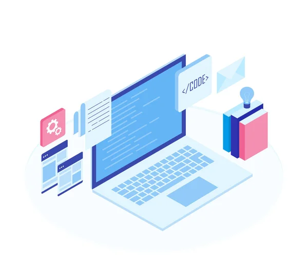 Web Development concept, programming and coding. Laptop with virtual screens on white background. Modern isometric vector illustration — Stock Vector