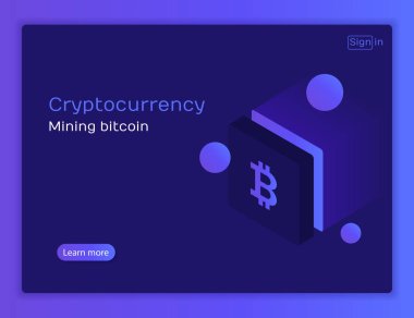 Cryptocurrency ve blockchain. Bitcoin araştırma grubu. Dijital para oluşturma. Açılış sayfası, web tasarım, afiş ve sunum için kavram. 3D izometrik düz tasarım. Modern vektör çizim