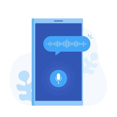 Kişisel asistan ve mobil uygulama Smartphone üzerinde ses tanıma mikrofon düğmesini kullanarak ekran ve ses ve ses taklit satırları. Modern düz stil vektör çizim