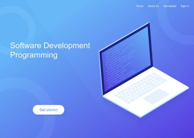 Yazılım geliştirme ve programlama, program kodu dizüstü bilgisayar ekranında, büyük veri işleme. Modern vektör çizim