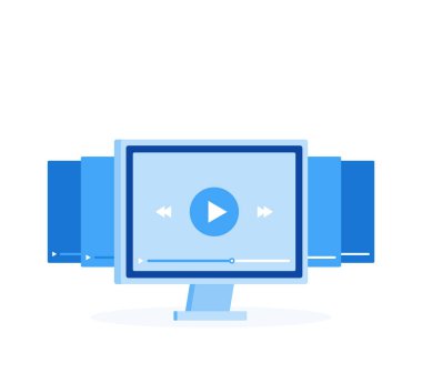 Video eğitimlerini simgesi kavramı. Online Webinar ve Video konferans Tasarım oturum açın. Çalışma ve arka plan öğrenme. Düz tarzı modern vektör çizim