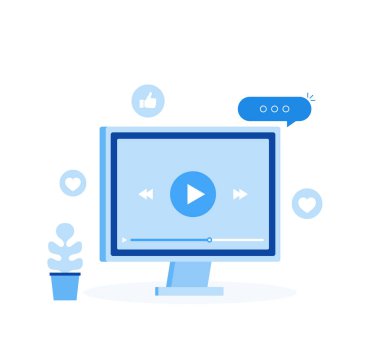 Video eğitimlerini simgesi kavramı. Online Webinar ve Video konferans Tasarım Yorumlar ile oturum açın. Çalışma ve arka plan öğrenme. Düz tarzı modern vektör çizim