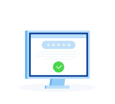 Başarılı bir Web sitesi giriş sayfasında bilgisayar ekran şifre formu, güvenlik, kişisel erişim, Kullanıcı kimlik doğrulaması ile. Modern düz stil vektör çizim