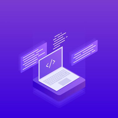 Yazılım geliştirme ve programlama, program kod etiketleri dizüstü bilgisayar ekranında, büyük veri işleme. 3D izometrik düz tasarım. Modern vektör çizim