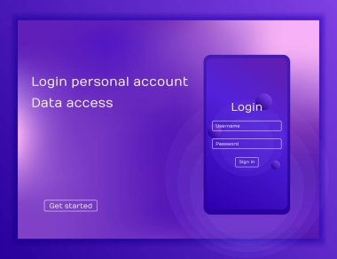 Konsept Web sitesi. Ekranda imzala. Mobil UI tasarım konsepti temiz. Şifre ile giriş uygulama penceresinden. Trendy holografik degradeler şekiller. Modern düz stil illüstrasyon