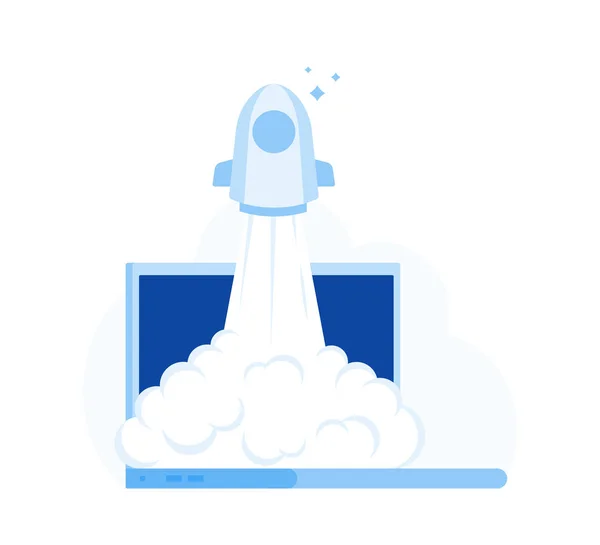 Lanzamiento exitoso de startup. Rocket Empezar a ventilar desde el monitor portátil. Ilustración vectorial de estilo plano moderno — Vector de stock