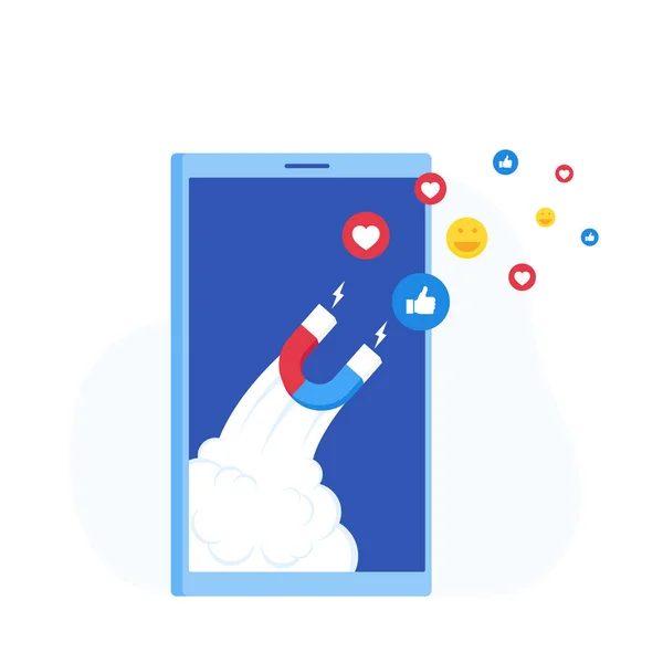 Social media concept. A magnet in the form of a rocket attracting likes and comments. Modern flat style vector illustration — Stock Vector