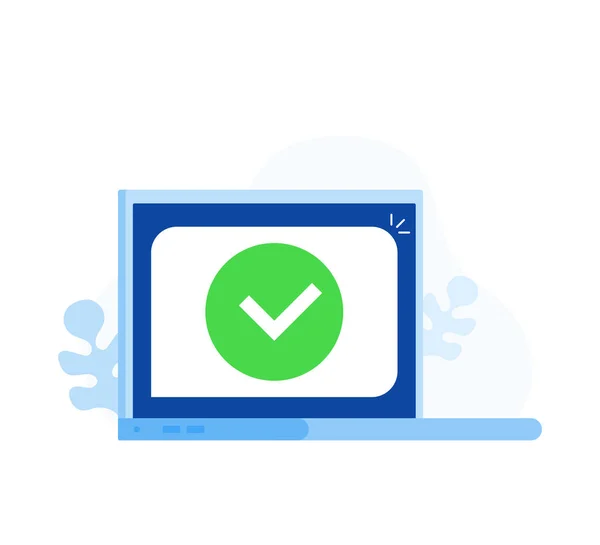 Laptop dengan checkmark atau tick notification dalam bubble, komputer dengan pilihan yang disetujui, ide tugas dilakukan, update atau download lengkap, menerima atau menyetujui checkmark. Ilustrasi vektor gaya datar modern - Stok Vektor