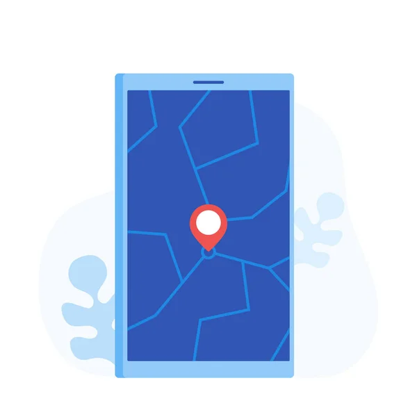 Tag do pino de Geo na exposição do telefone móvel. Smartphone com mapa na tela. GPS, Destino, Viajar, Navegação de mapas, Localização. Ilustração vetorial de estilo plano moderno — Vetor de Stock