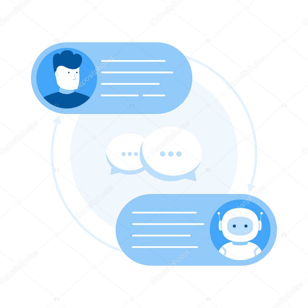 Chatbot concept. Man chatting with chat bot. Modern flat style vector illustration