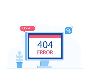 404 hata sayfası Tasarım kavramı. Bilgisayar ekranında hata ile. Modern düz stil vektör çizim
