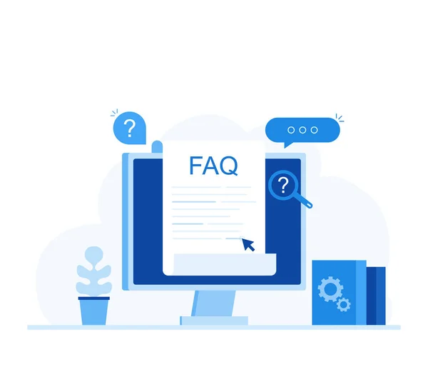 Frequently asked questions FAQ banner. Computer with question icons, search answers. Modern flat style vector illustration — Stock Vector