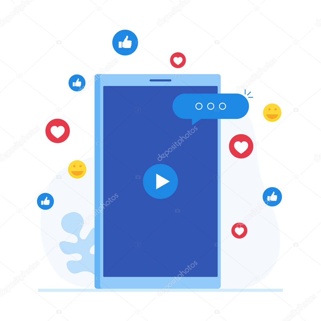 Concept of video marketing, live streaming. Likes, shares and comments popping up on the mobile screen. Modern flat style vector illustration