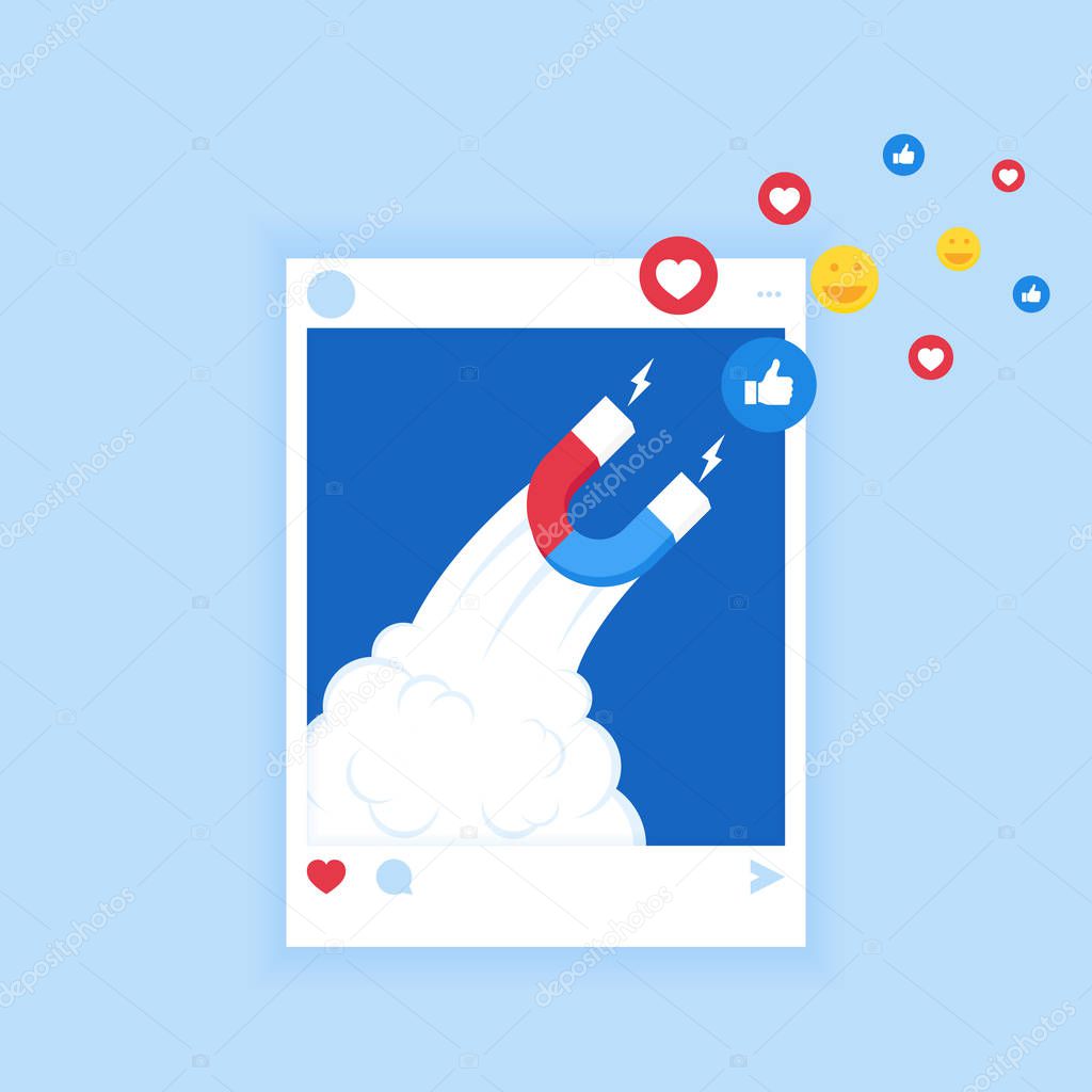The powerful of influencer marketing is like the magnetic field that drags customer like icon into the business, a magnet in the form of a rocket. Modern flat style vector illustration
