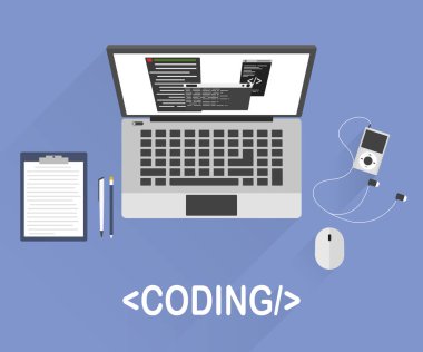 Düz tarzı modern vektör çizim tasarım Web sitesi kodlama ve html programlama web uygulaması Programcı veya kodlayıcı akışının. Şık renkli arka plan üzerinde izole