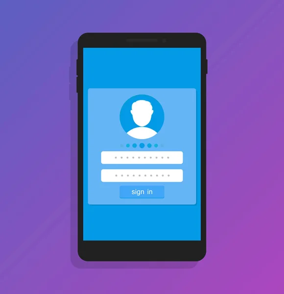 Accedi all'account dell'applicazione su smartphone, stile flat design isolato su sfondo ultravioletto. Illustrazione vettoriale — Vettoriale Stock