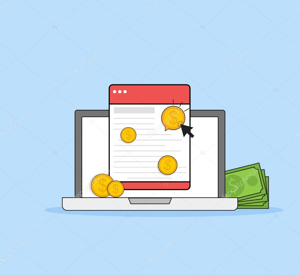 Pay per click, internet marketing. Flat line art style concept. Vector banner, icon, illustration