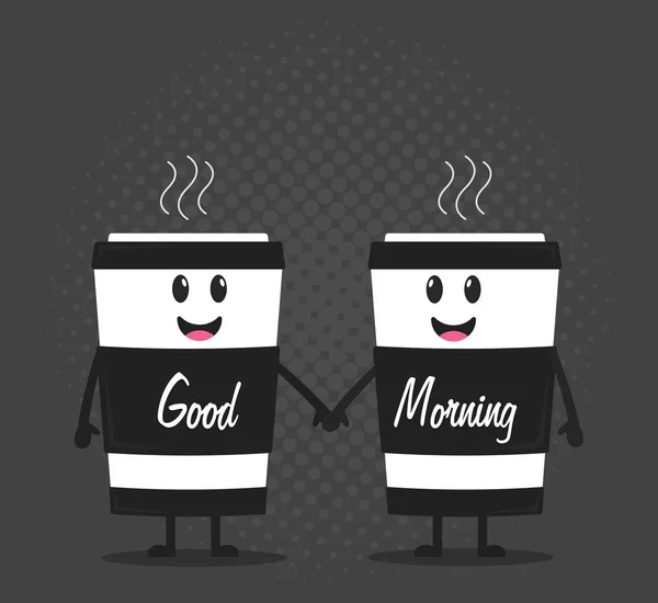 Due tazze di caffè felice cartone animato, vogliono un buon giorno, illustrazione vettoriale — Vettoriale Stock